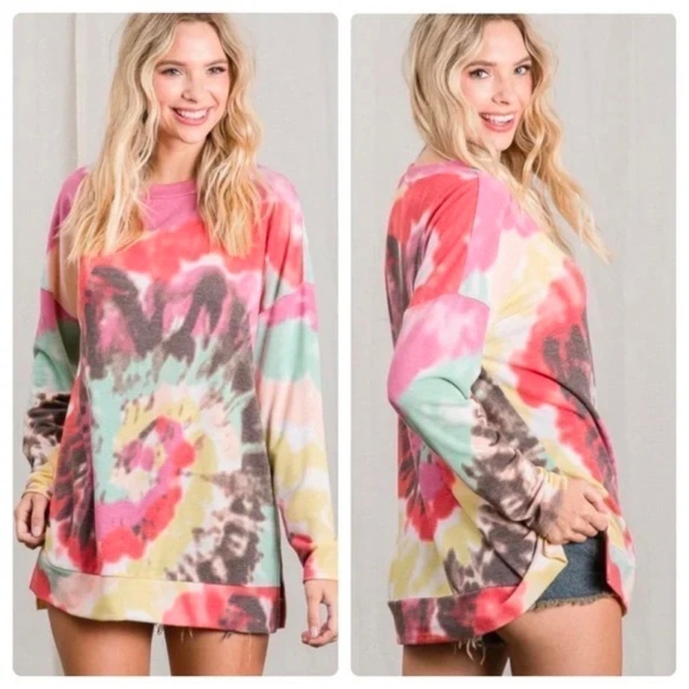 New!! French Terry Spiral Tie-Dye Print Long Sleeve Top with Round Neckline - Picture 4 of 10